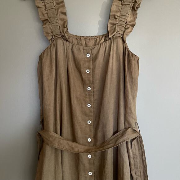 Frame Ruffle Strap Button Back Dress in Moss Size Small Khaki Green Ramie Chic - Picture 12 of 16